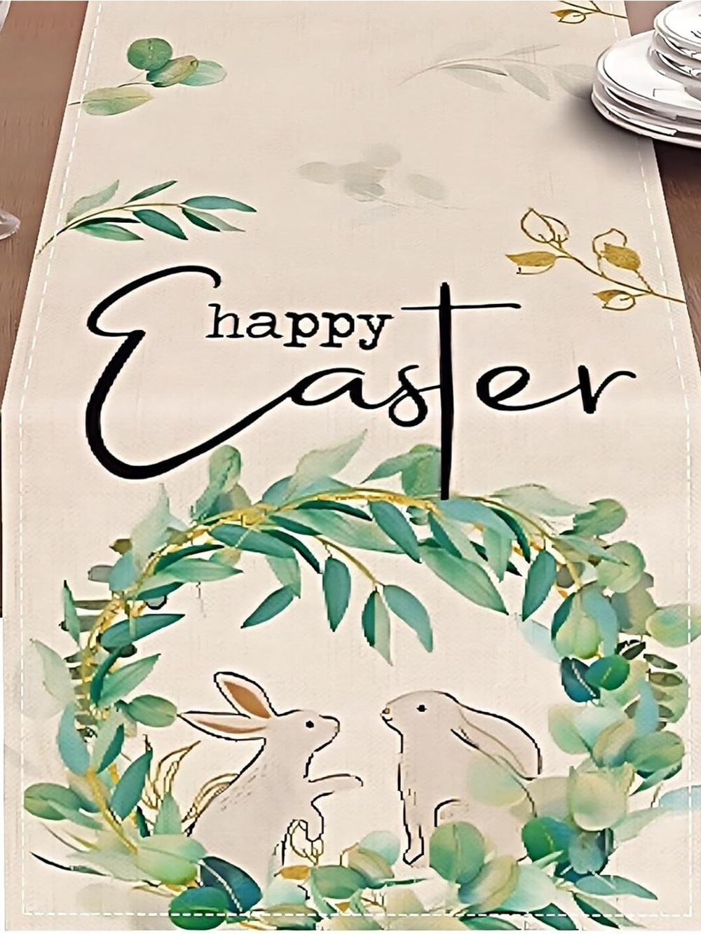 New! Happy Easter Green Floral Bunny Table Runner
